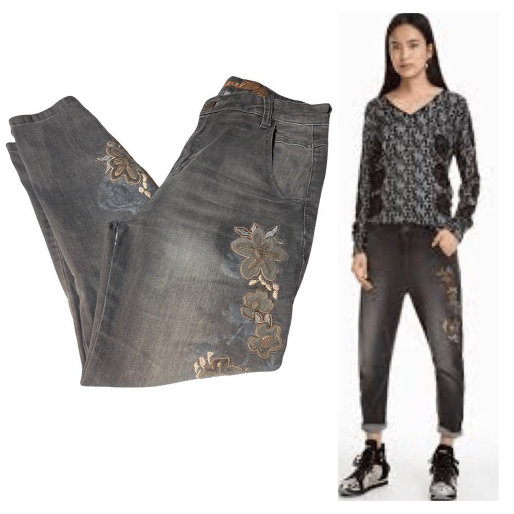 Desigual Gray Metallic Floral Embroidered Tapered Leg Jeans size 30 Denim Boho